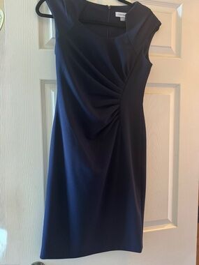 Calvin Klein Dark Navy Midi Sheath Dress with Draped Side